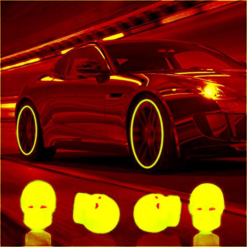 Mr Fix? Yellow Skull Luminous Wheels Cap Tire Valve Stem, Glow Luminous at Night, Air Caps Cover Fluorescent, Illuminated Wheel Valve Stem Caps Cover Set of 4 Compatible with Audi A5