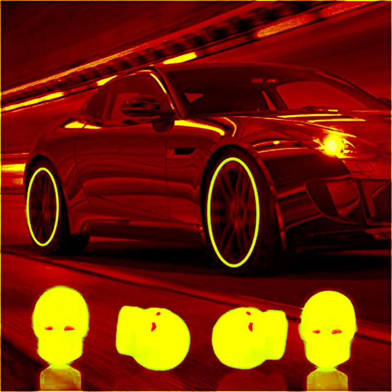 Yellow Skull Luminous Wheels Cap Tire Valve Stem, Glow Luminous at Night, Air Caps Cover Fluorescent, Illuminated Wheel Valve Stem Caps Cover Set of 4 Compatible with Renault KWID