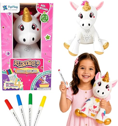 PepPlay Redoobles Doodle Unicorn - Color, Wash &amp; Reuse Plush Toy for Kids 3-8 Years 4 Non-Toxic Washable Markers Screen-Fr