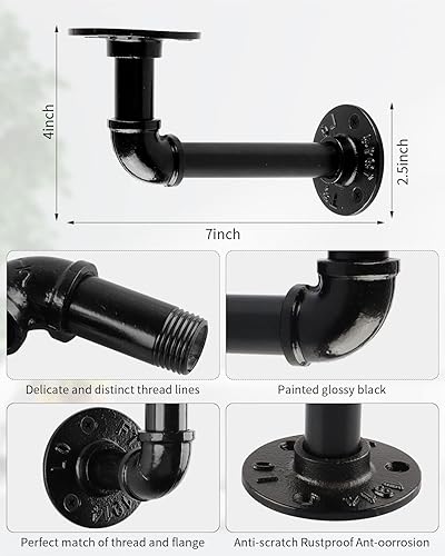 Miniatura 2 de MUZIK Soportes de estante de tubería industrial, soporte de estante flotante de montaje en pared, soportes de estantería de tubería en L resistentes