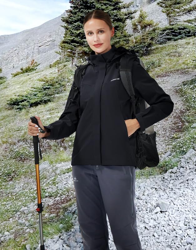 Pioneer Camp Regenjacke Damen Wasserdicht Atmungsaktiv Windjacke für Frauen Leicht Wanderjacke Outdoor Jacken mit Abnehmbarer Kapuze Schwarz L