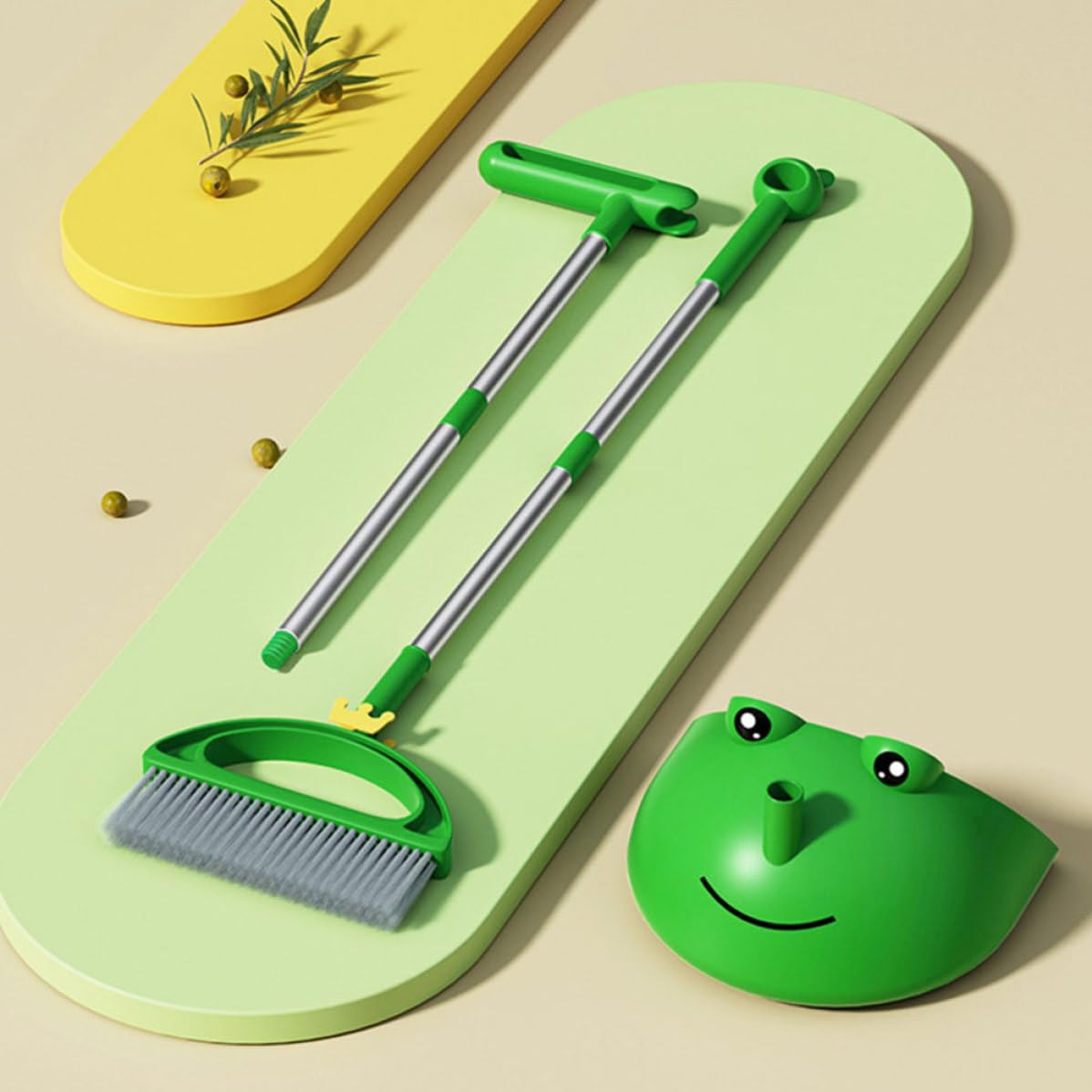 Juego de Escoba y Recogedor Mango Ergonómico y Largo, Material PP y Aluminio Espacial, Adecuado para Limpieza del Hogar y Suelos Verdes