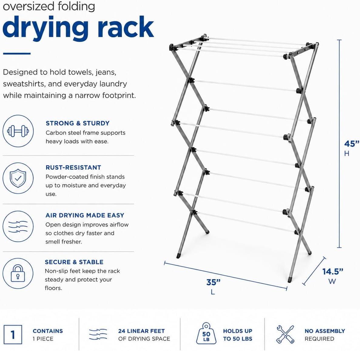 Honey-Can-Do Oversized Clothes Drying Rack, 35" Wide, 50 lb, Grey image 4