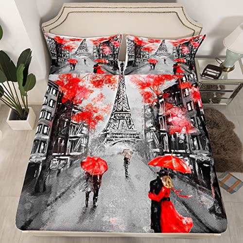 Red Paris Eiffel Tower Bed Sheets Queen Size, Paris Decor For Bedroom, French Style Couple Lover Flower Sheet For Girls Women Kids Fitted Sheet, Romantic Flat Sheet, 2 Pillowcases, Grey Black, 4Pcs #TOP1