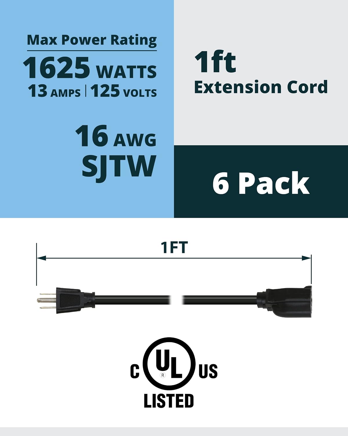 Lightkiwi 1ft Power Extension Cord, 6-Pack, 16AWG SJTW Short Extension Cord, 13A 125V 1625W, 3 Prong Power Cord, NEMA 5-15P to NEMA 5-15R, Black, UL Listed