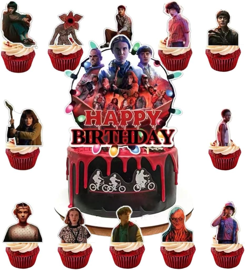 13 Pcs Stranger TV Cake Decorations with 12pcs Cupcake Toppers, 1pcs Happy Birthday...