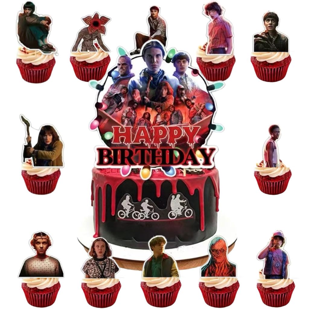 Photo 1 of 13 Pcs Stranger TV Cake Decorations with 12pcs Cupcake Toppers, 1pcs Happy Birthday Cake Topper, Perfect for Theme Party and Birthday Celebrations