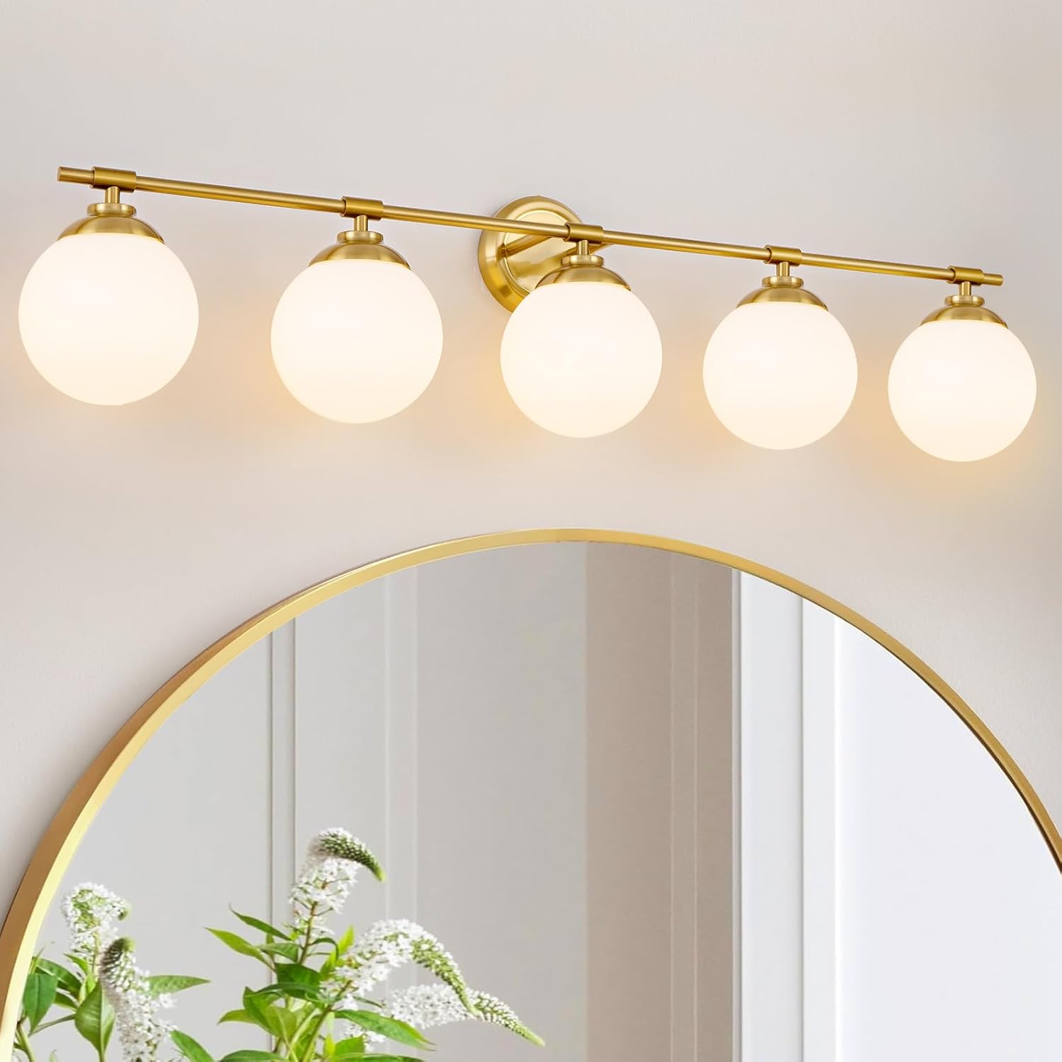 Gold Bathroom Light Fixtures, ETL 5 Lights Vanity Lights Over Mirror with Milk Glass Soft Lighting 41 Inch Bathroom Sconces(Exclude E26 Bulb) Gold 5 Lights