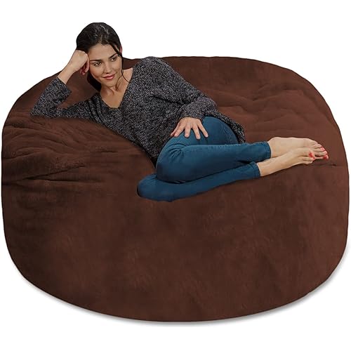 Chill Sack Bean Bag Chair - 5' Giant Memory Foam Lounge Chair with Soft Microfiber Cover – Cozy Furniture for Living Room, Dorm, & Kids' Rooms – Comfortable 5 Ft, Faux Rabbit Fur Lounge Sofa, Brown