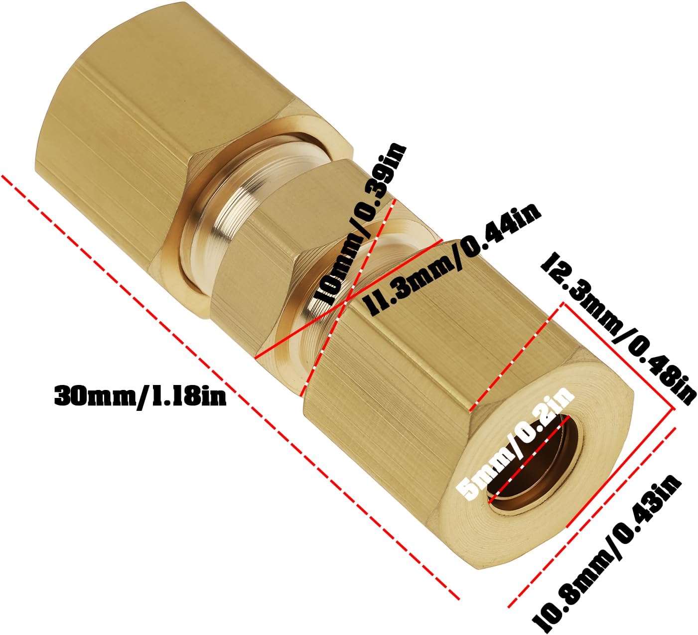 ECSiNG 5X 5mm Brass Straight Compression Fitting Union Hex Head for 3/16" Automotive Brake Line