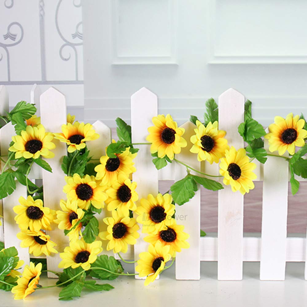 Yaoijin 2 Pack 16.4 Feet Artificial Fake Sunflower Garland Plants in Yellow(Each 8.2' Long with 12 Vine) for Hanging Wedding Garland Fake Foliage Flowers Home Kitchen Garden Office Wedding Wall Decor