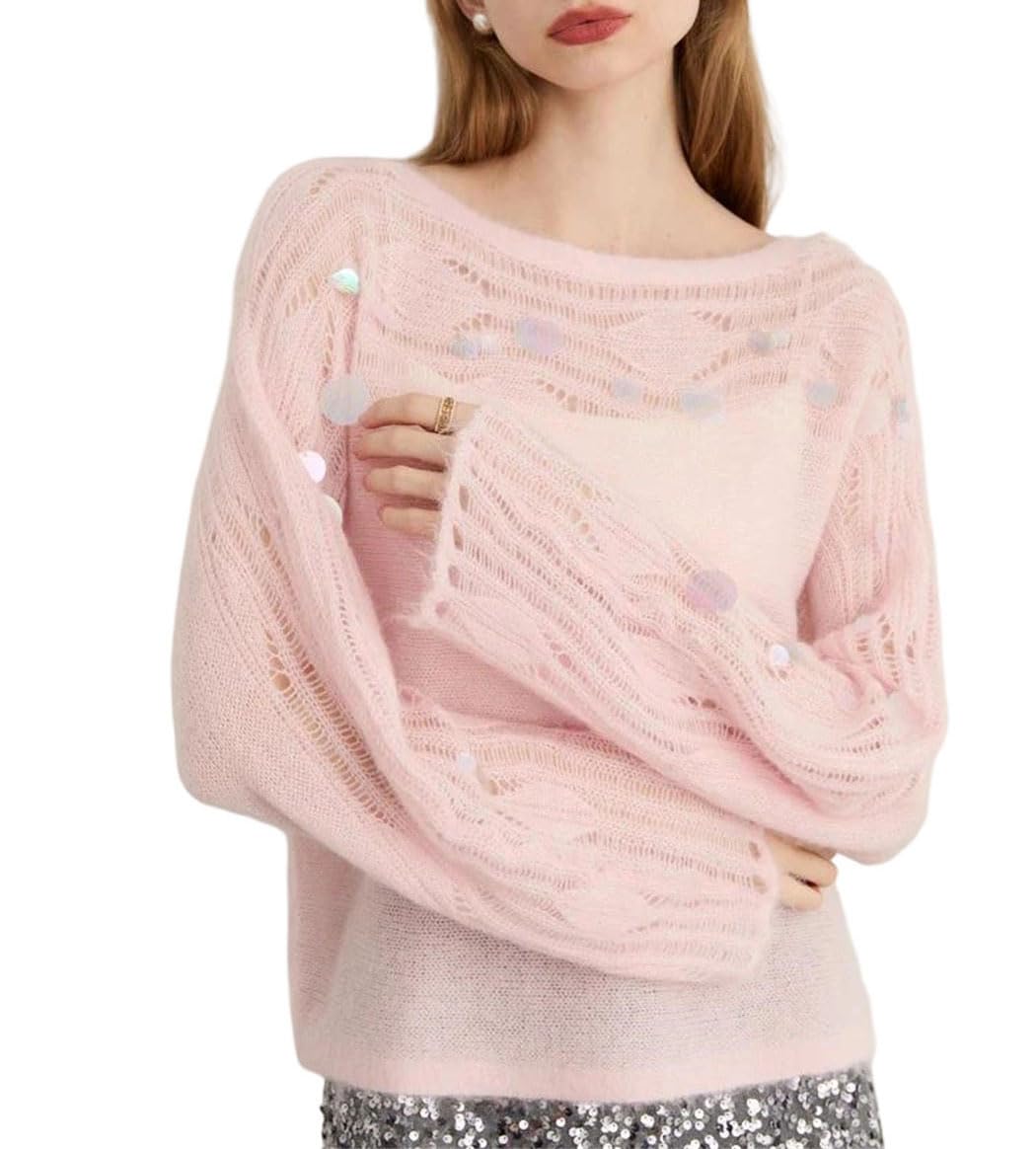 Women Alpaca Knit Pullover Sweater Slash Neck Loose Chic Casual Soft Top