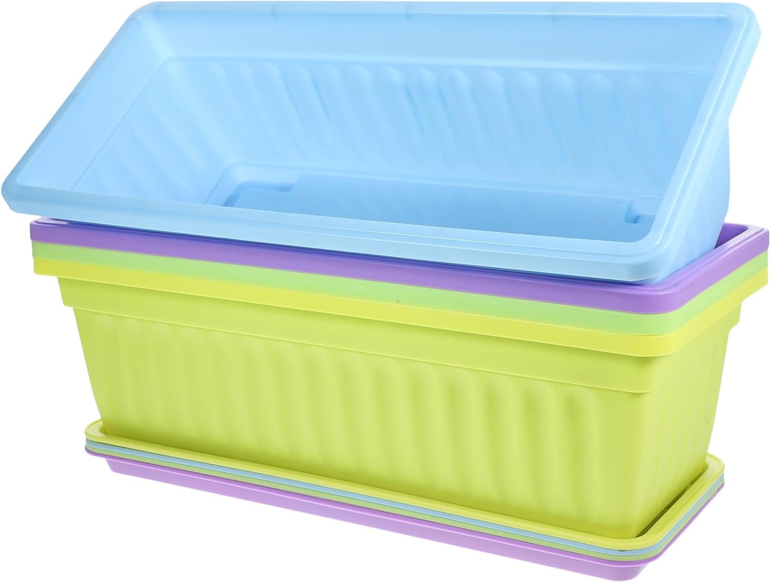 4pcs 17-Inch Rectangular Window Flower Boxes with Trays for Balcony Windowsill Garden, Large 43X19X14Cm Colorful Succulent Planters, Vegetable Planting Containers with Drainage