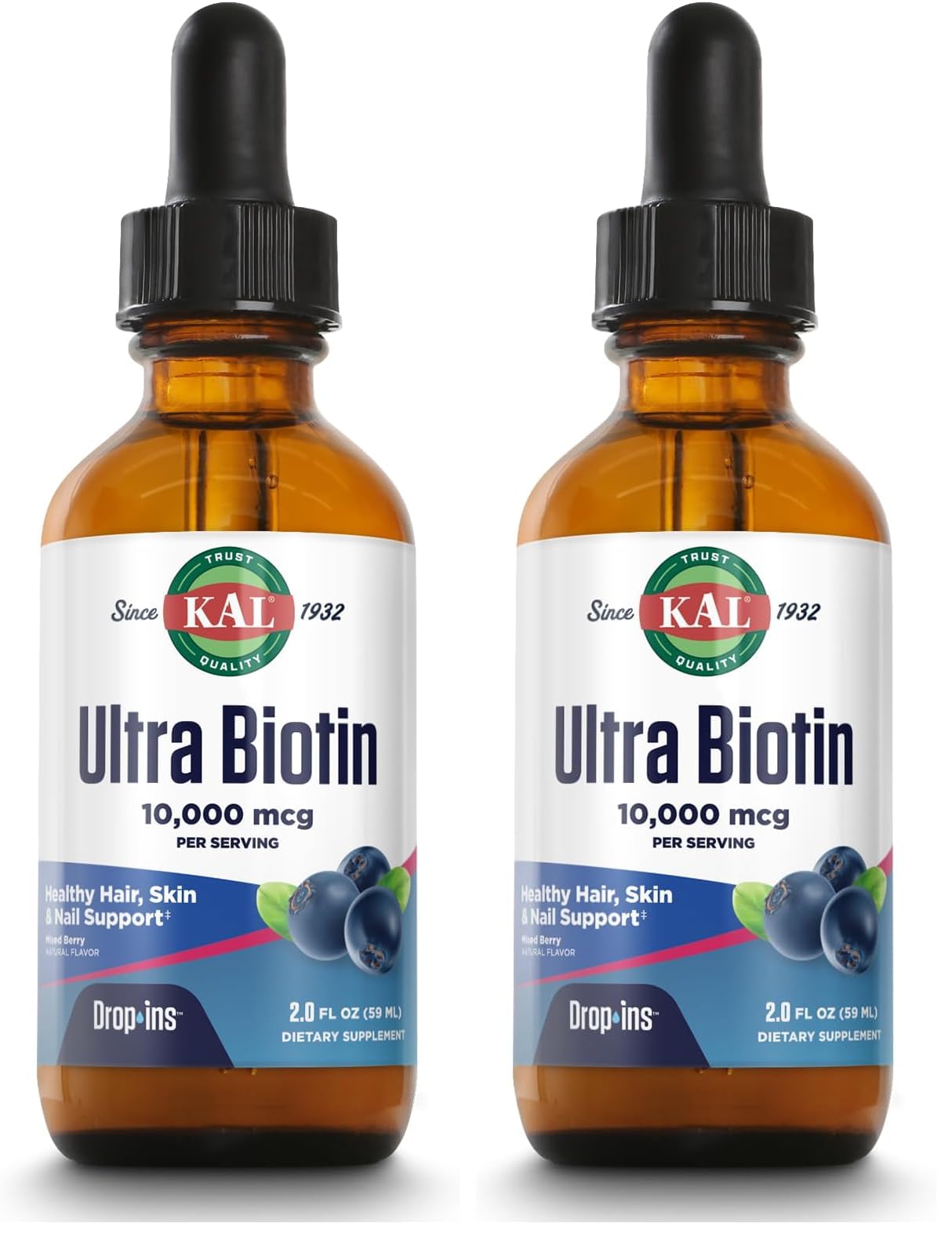 KAL Ultra Biotin 10000mcg DropIns - Liquid Biotin Drops for Hair, Skin, & Nails for Women & Men, High Potency Vitamin B7, Natural Mixed Berry Flavor - 2 fl oz (Approx. 59 Servings) (Pack of 2) 2 Fl Oz (Pack of 2)