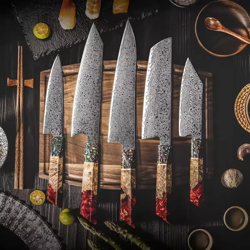5 Piece Damascus Chef Knife Set, Japanese VG10 67-Layer Steel, Ergonomic Stabilized Wood & Red Resin Handle, L-Shaped Design for Home Restaurant Banquet-Z