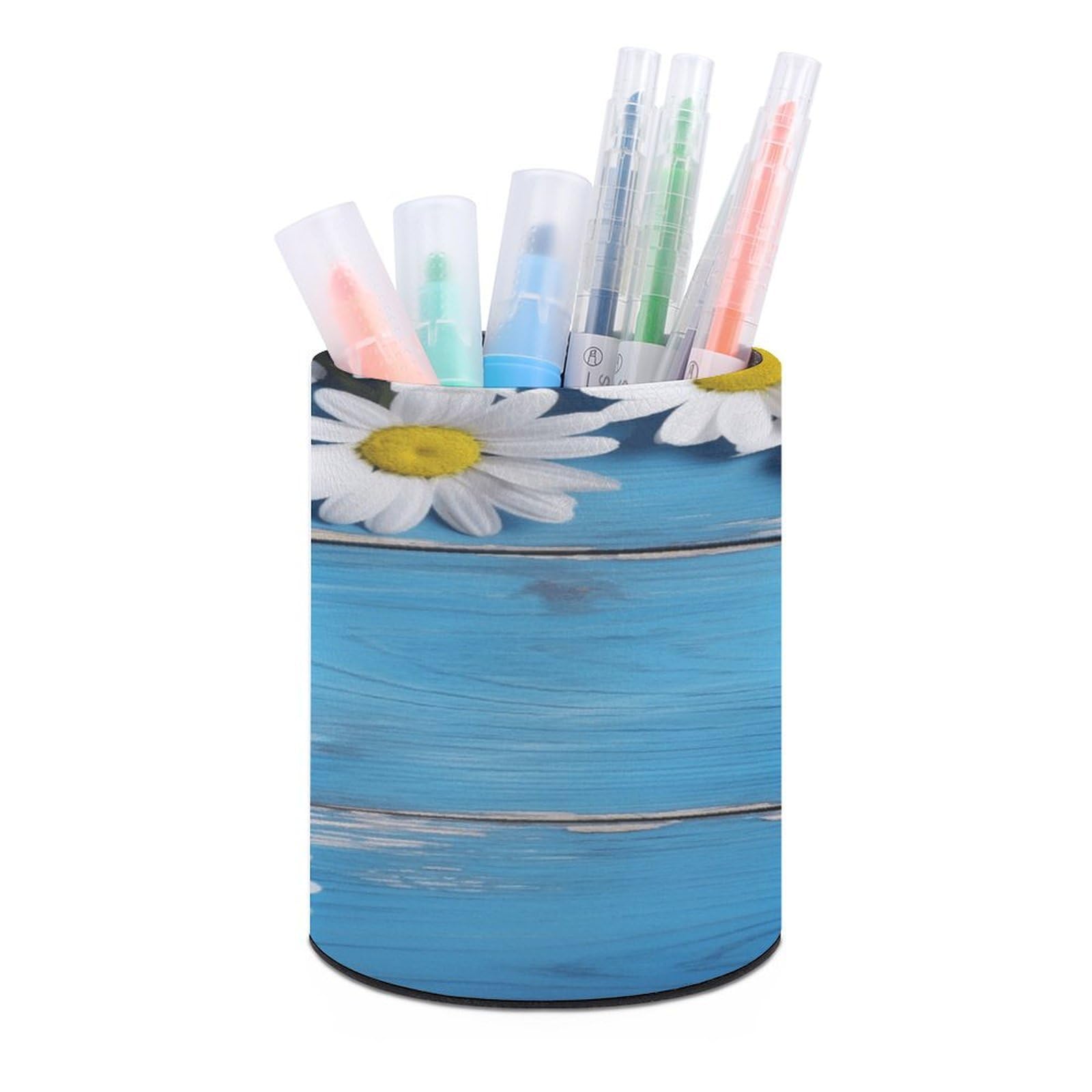 FekiLoot - Blue Wooden Daisy Pen Holder Office Accessories Round Pen Container Box Desk Organizer Brush Holder