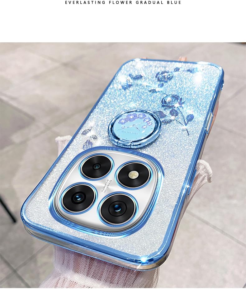 for Xiaomi Redmi Note 14 Pro Case for Women Girls, Luxury Plating Bling Glitter Sparkle Flowers Shockproof Case with Ring Stand for Xiaomi Redmi Note 14 Pro.Flowers Pink - Image 2