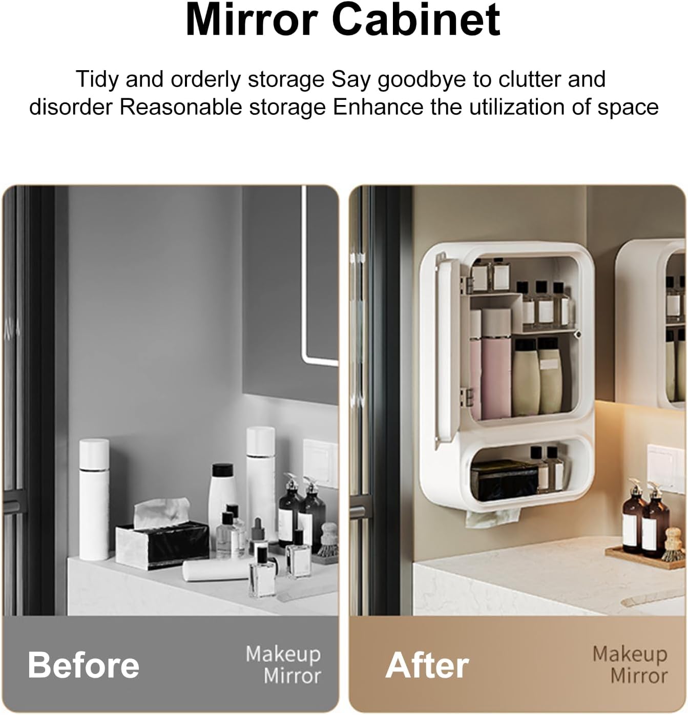 Vanity Mirror Cabinet, Bathroom Storage Organizer, LED Decor with Magnetic Door, Aid for Modern Homes, Home Supplies, Tissue Dispenser for Shampoo Makeup Bedroom Offices Mantel House Daily Routine