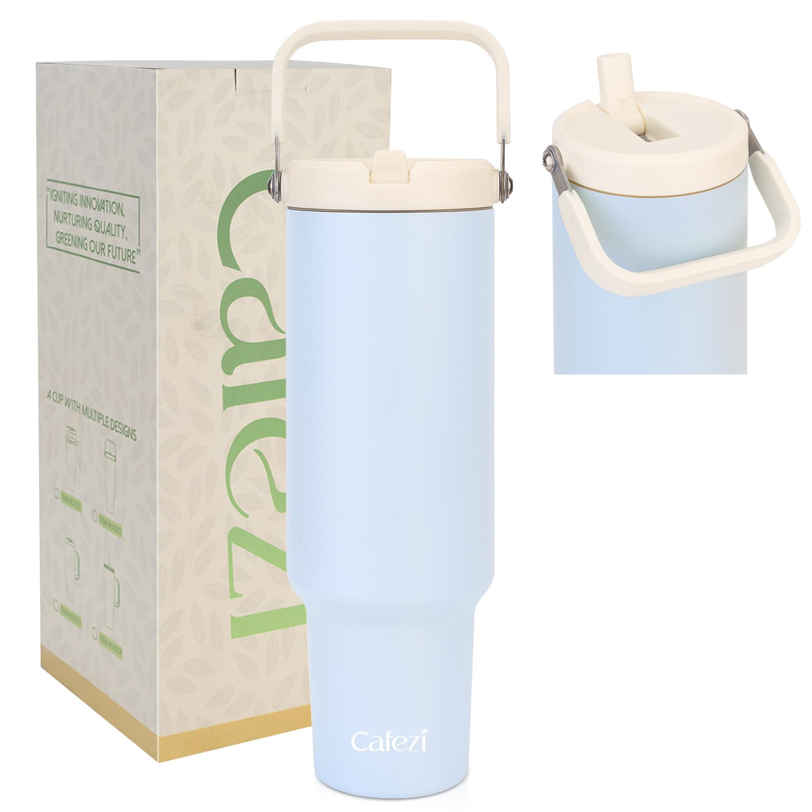 Cafezi 50oz Tumbler with Handle, Stainless Steel Water Bottles with Flip Straw and Top Handle, Leak Proof, Fits in Cup Holder, No Sweat, Cold for 30