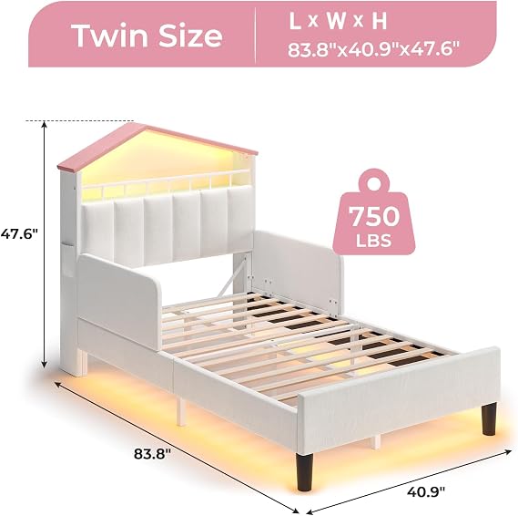 ADORNEVE Twin Size Girls Bed Frame with LED Lights,Beige & Pink