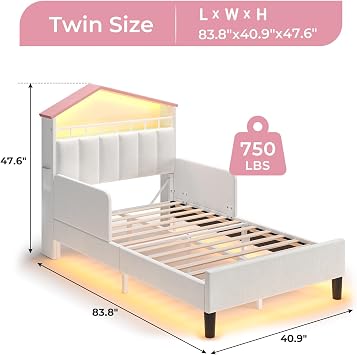 ADORNEVE Twin Size Girls Bed Frame with LED Lights,Beige & Pink