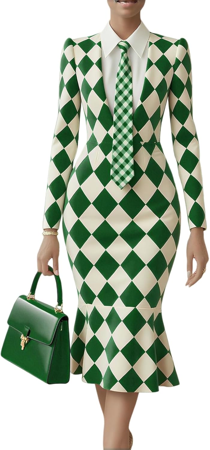 Argyle Check Midi Dress Tailored Button-Front Suiting Midi with Fishtail Ruffle Hem, Structured Waist for Office & Evening