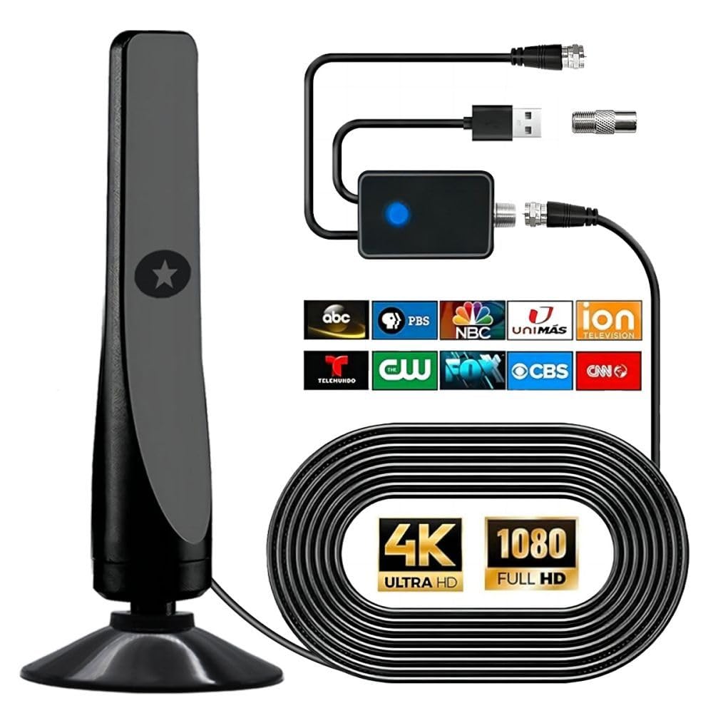 Antenne TV Intérieure Puissante – Réception Longue Portée à 360°Antennes TNT IntéRieur Puissante, Capture Chaînes Locales Gratuites, Base Magnétique, Câble Coaxial 3m