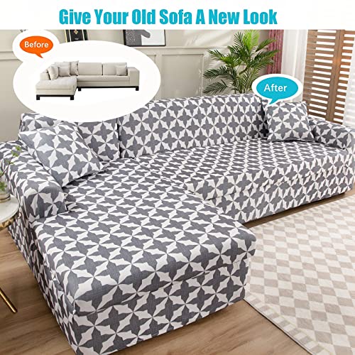 Shanna Sectional Couch Cover L Shaped Couch Cover For Sectional Sofa L Shape 2 Pcs Printed Stretch Couch Covers With 4 Pillowcase For 3+3 Seater Sectional Chaise Couch With Elastic Bottom(Grey) #TOP4