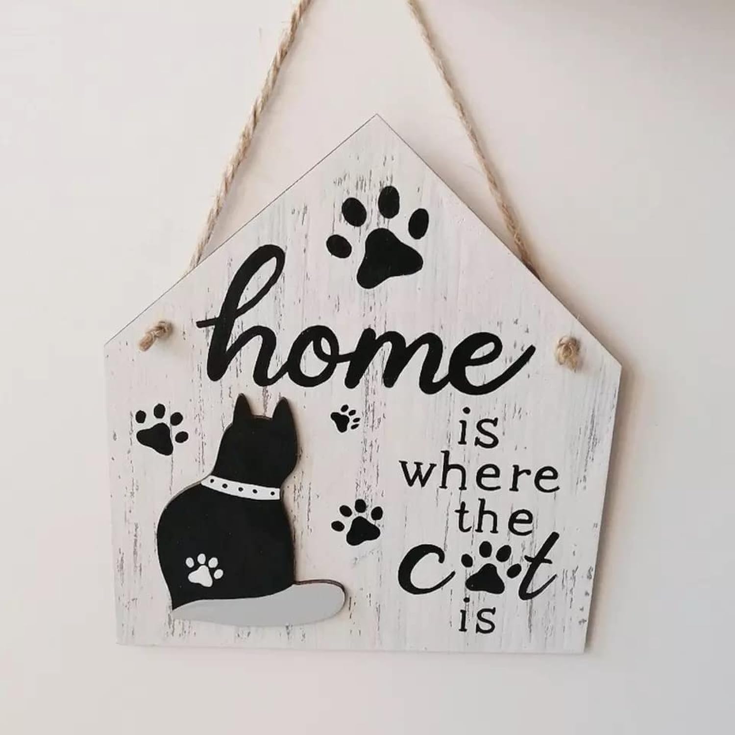 Hanging Wall Decor Signs with Cute & Funny Quotes for Cat Dog Pet Lovers (Home Is Where The Cat Is) - 14 cm. x 17.5 cm.