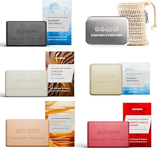 SKINBRO Probierset Männer – 4 festen Duschseifen & festen Shampoo, Aufbewahrungsbox & Sisalsäckchen – Vegan & Nachhaltig, – Perfektes Geschenkset für Männer - Nachhaltige Duschseife für Haar & Körper