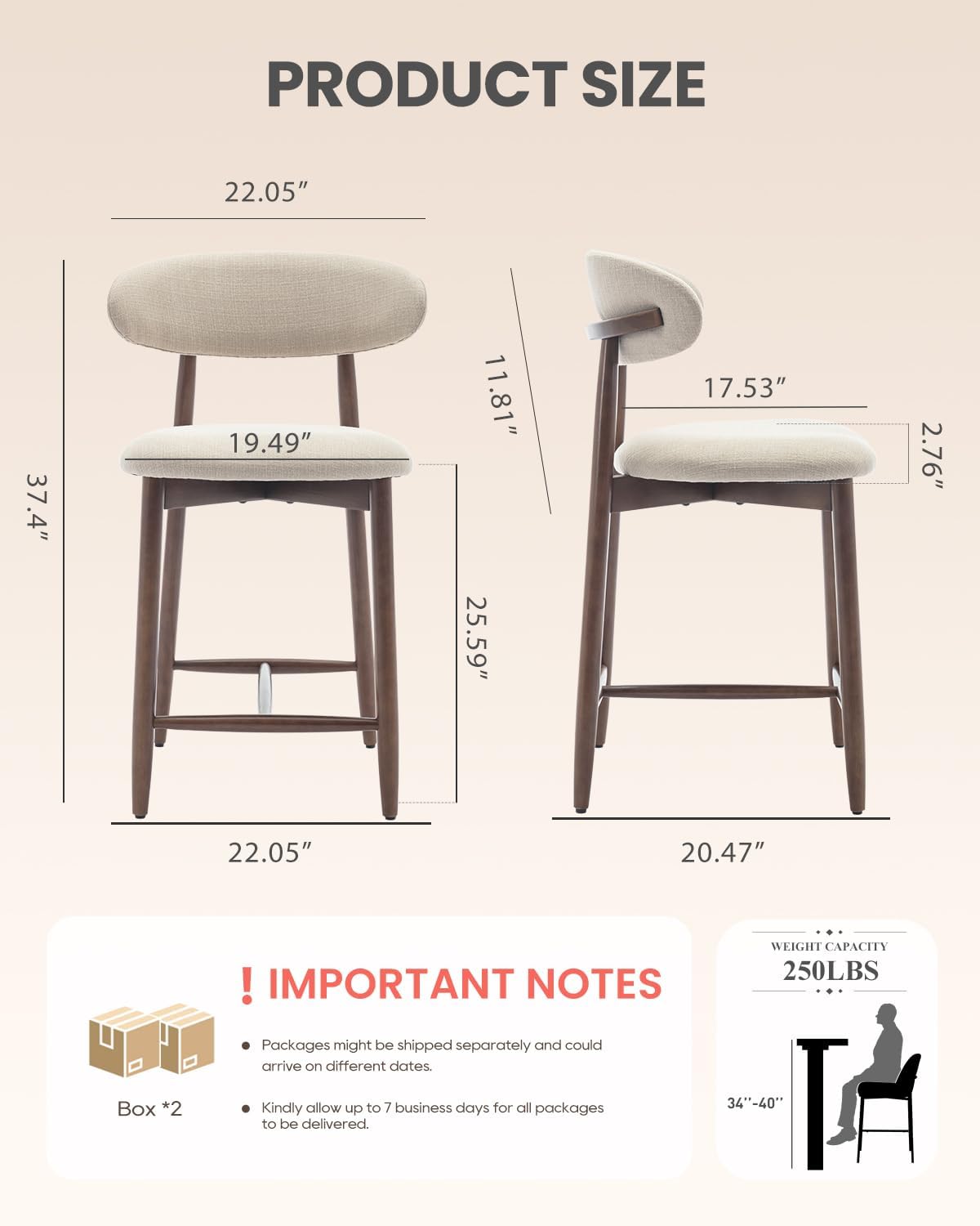 colamy counter height bar stools set of 3, upholstered barstools with back, mid century modern stools with wood legs for kitchen island dining room, beige beige set of 3