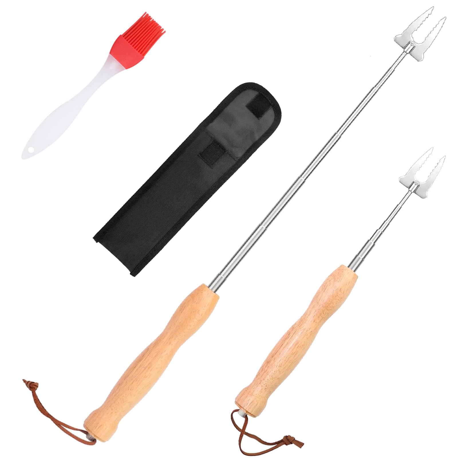 Brochettes Extensibles pour Barbecue – 2 Pièces en Acier Inox + 1 Pinceau en Silicone – Piques à Marshmallow & Pain à Bâton pour Feu de Camp, Camping, Grillades