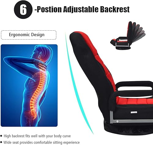 Miniatura 8 de Giantex Silla de suelo, silla giratoria de 360 grados con respaldo ajustable, soporte lumbar, reposabrazos, sofá mecedora plegable para TV, lectura,