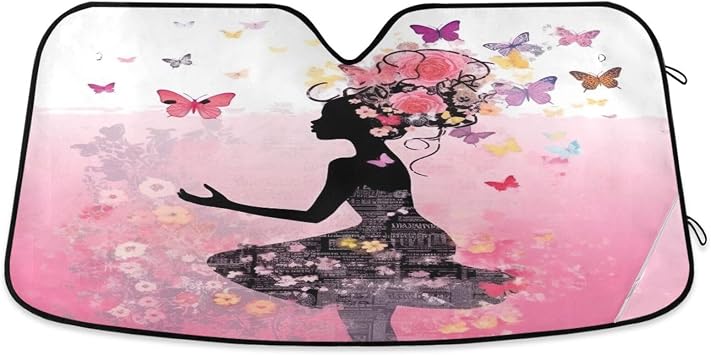 Kigai Front Windshield Sun Shade Butterfly Girl Folding Sun Shield Shade, Blocks UV Ray to Keep Your Vehicle CoolSun Visor Protector for Fits Car Truck SUV 55"x27.6"