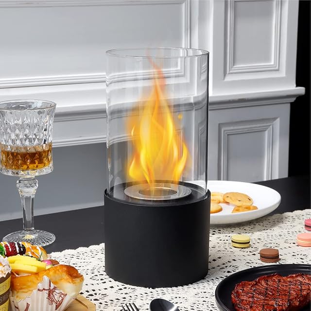 JSMY Black Table Fireplace with Glass Tube Bioethanol Fireplace Portable Outdoor Fire Bowl for Home Kitchen Living Room Garden Balcony