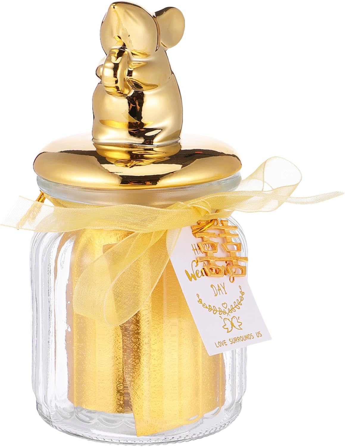 KALLORY Glass Candy Jar with Ceramic Lid, Gold-sealed Decorative Candy Box, Holiday Wedding Storage Bottle for Party Favors and Display