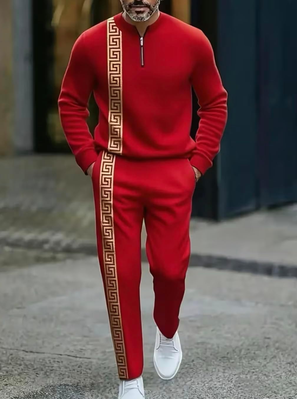 Mens Track Suits 2 Piece Set Jogging Suit Gold Greek Sweatpants Zip Pullover Matching Pants Workout Sweat Pant Set