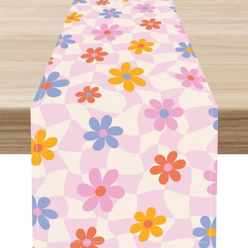 Miniatura 11 de Camino de mesa de los años 70, rústico azul ondulado, cuadrícula floral, moderno, retro, bohemio, hippie de los años 60, decoración abstracta de la