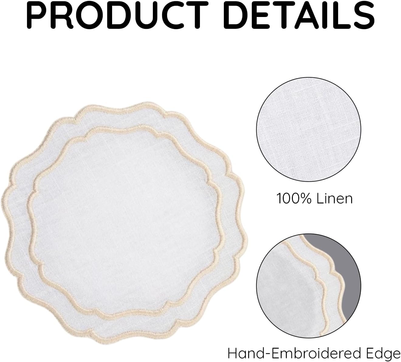 Linen Drink Coasters, Set of 6, 4.5 inch, White-Taupe image 4