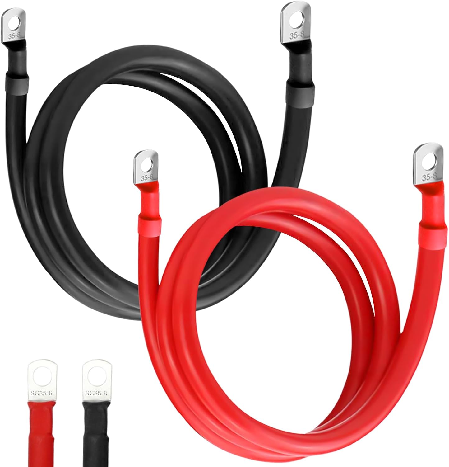 Kabel do akumulatora 35 mm²/2AWG, 2 sztuki, beztlenowy kabel miedziany, czerwony, czarny, 100 cm, kabel do akumulatora 12 V, kabel do akumulatora 35 mm² z zaciskami pierścieniowymi M8, kabel do