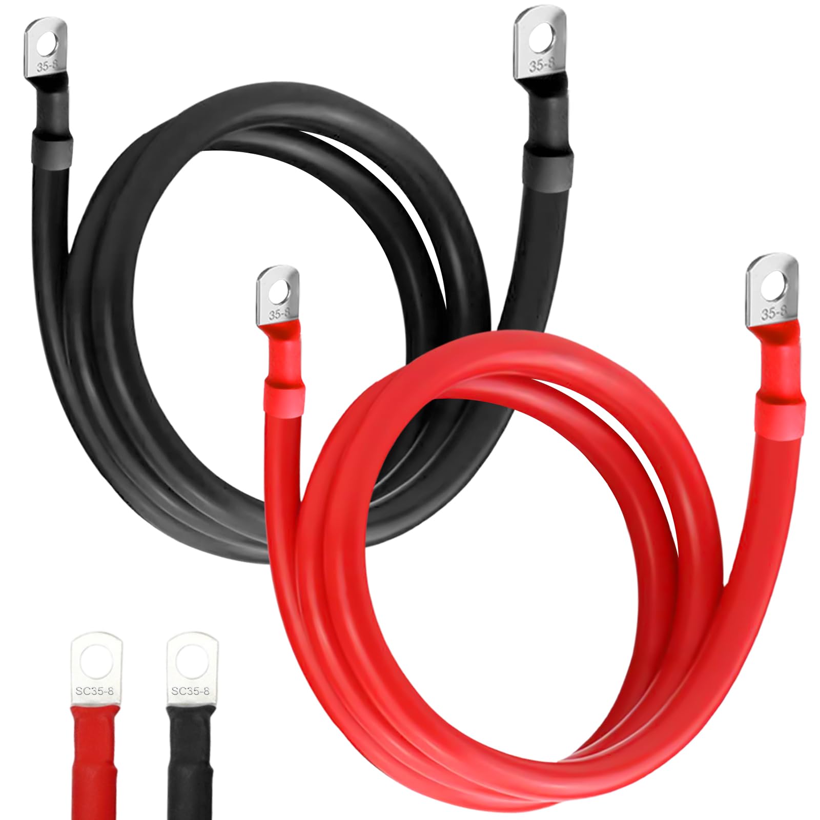 Lot de 2 câbles de batterie 35 mm²/2 AWG - En cuivre sans oxygène - Rouge et noir - 100 cm - Câble de batterie 12 V - Câble de batterie 35 mm² - Avec bornes à anneau M8 - 12 V - Pour voitures, motos
