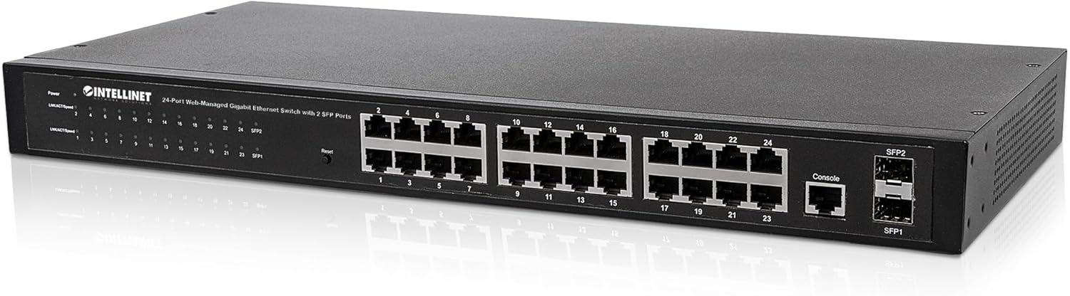 Intellinet 24 Port Web Managed Gigabit Ethernet Switch with 2 SFP Ports –with 19" Rackmount Brackets, SNMP Management and Remote Monitoring, Metal Housing, Fanless & Quiet–3 Yr Mfg Warranty-560917