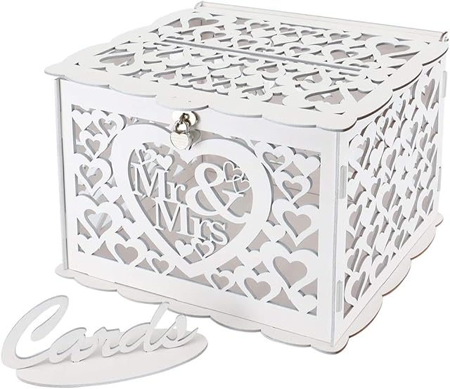Ywlake Wedding Gift Card Money Box Holder with Sign, Large Rustic Wood Wooden DIY Envelop Gift Card Boxes with Lock for Wedding Reception Anniversary Birthday Parties Baby Shower (Mr & Mrs, White)