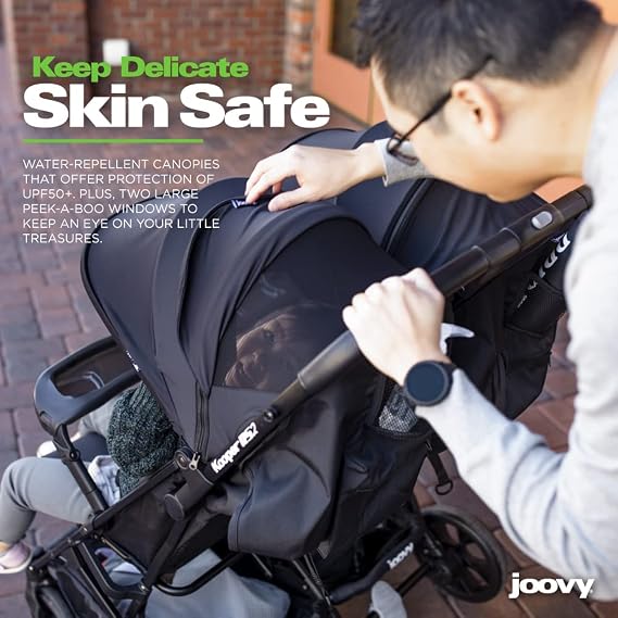 Joovy Kooper RS2 Lightweight Travel Double Stroller Featuring Dual Snack Trays, One-Handed Fold, Multi-Position Reclining Seats, Adjustable Leg Rests, and 2 Zippered Pockets for Storage | One-Handed Fold & Carry, Multi-Position Reclining Seats, Adjustable Leg Rests, Two Zippered Pockets for Storage
