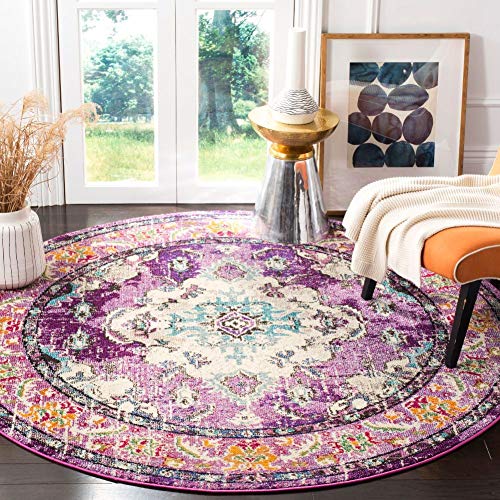 Safavieh Monaco Collection MNC243L Boho Chic Medallion Distressed Area Rug, 9' Round, Violet/Light Blue