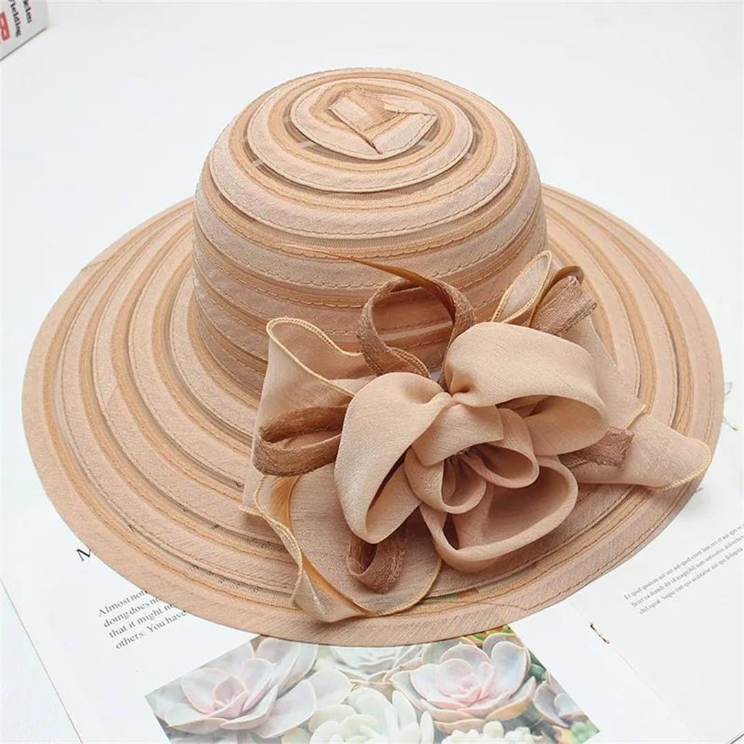 Yeuyyben Moda Donne Estate Organza Sun Cappelli Tesa Larga con Grande Fiore Fedora Hat Elegante Signore Matrimonio Chiesa Party Hat
