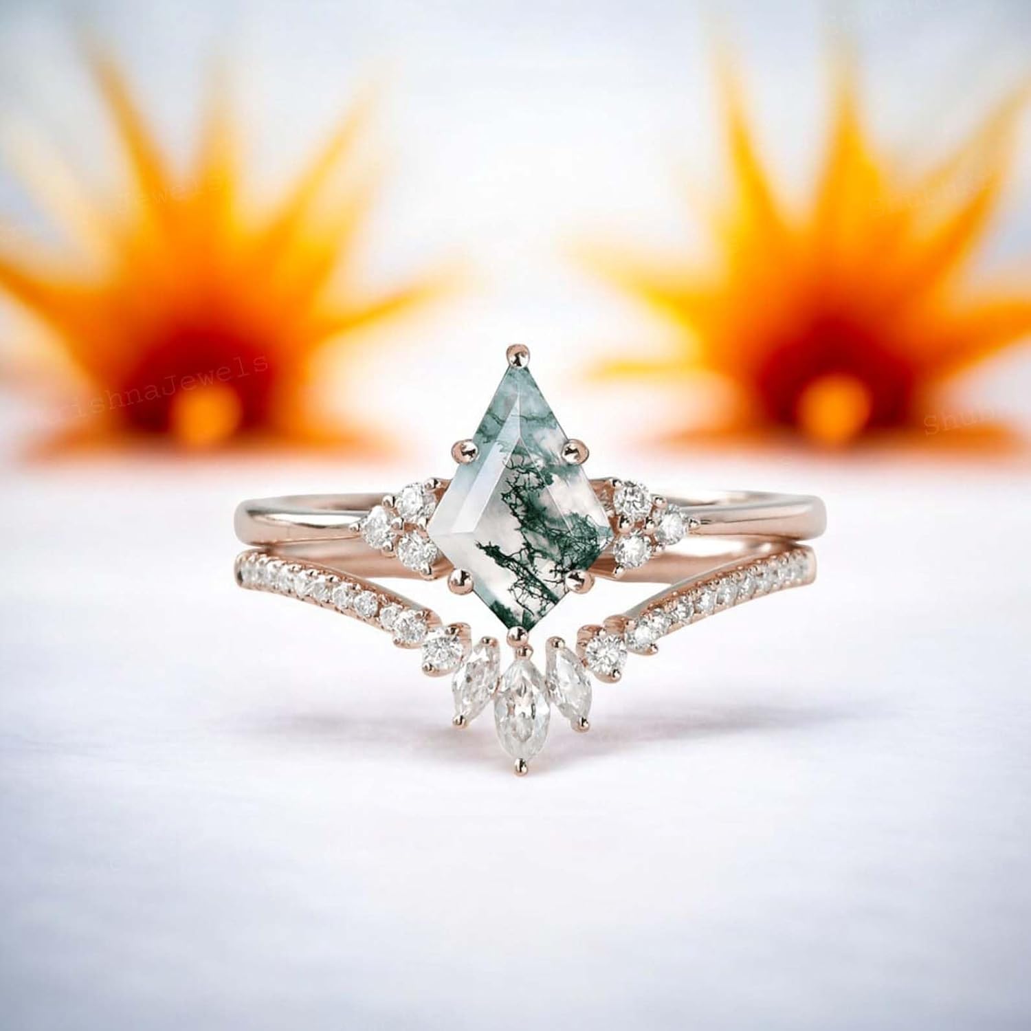 Kite Cut Moss Agate Wedding Ring Set Diamond Curved Matching Band Bridal Cluster Stacking Ring White Gold Handmade Jewelry Birthday Gift For Mom