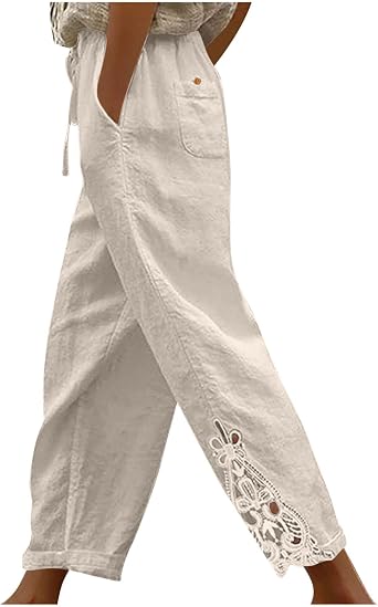 Linen Pants for Women Summer 2026 Trendy Beach Slacks Casual Vintage Lace Design Drawstring Elastic Pant with Pockets