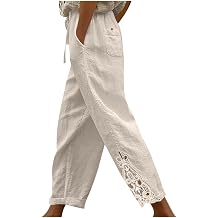 Linen Pants for Women Summer 2026 Trendy Beach Slacks Casual Vintage Lace Design Drawstring Elastic Pant with Pockets