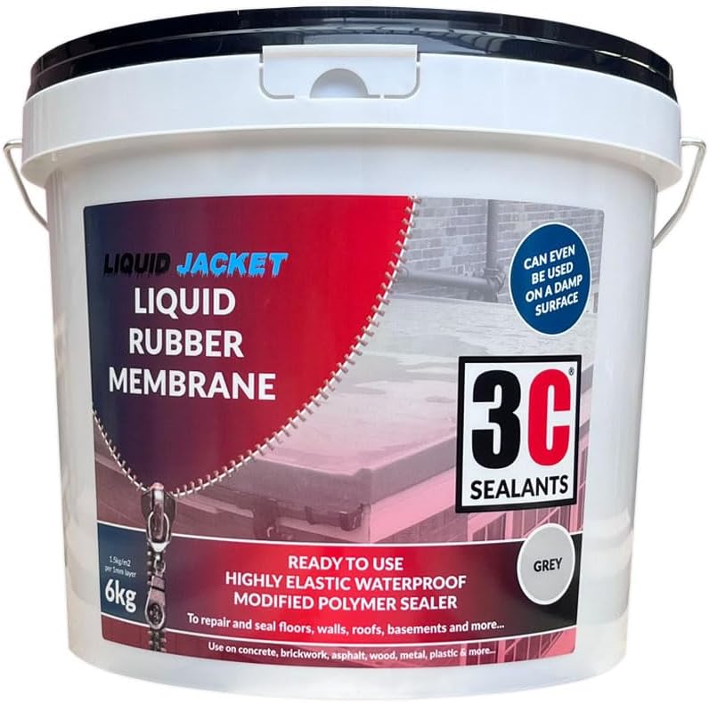 3C Sealants Liquid Jacket Liquid Rubber Membrane – 6kg Grey | Ready-to-Use Waterproofing Sealer | Highly Elastic Polymer for Roofs, Walls, Basements, Bathrooms, Floors & More